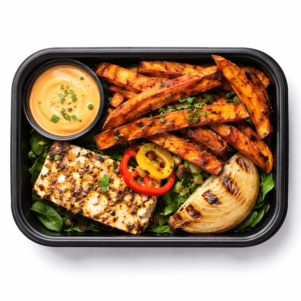 Organic Charbroiled Tofu Burger w Gourmet Fries and AIoli