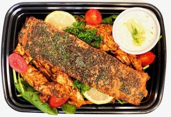 Chia Crusted Salmon w/ Spiced Celery Root & Tzatziki