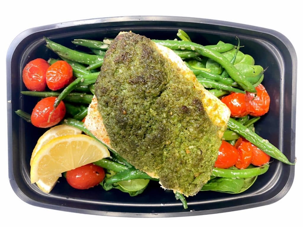 Lite Pesto Crusted Halibut , Meal Prep Delivery
