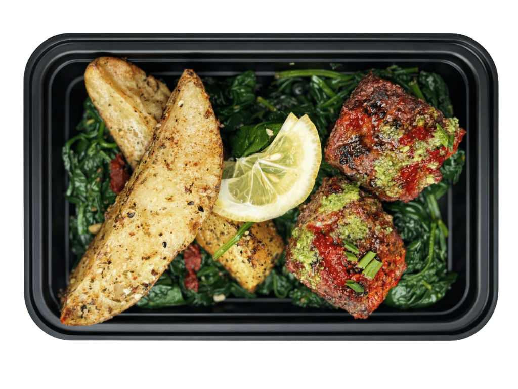 Mediterranean Grass-Fed Burger w/ Garlic Spinach