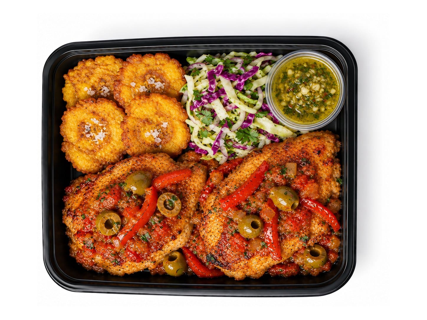 Cuban Chicken Fricasé with Tostones & Cabbage-Lime Slaw