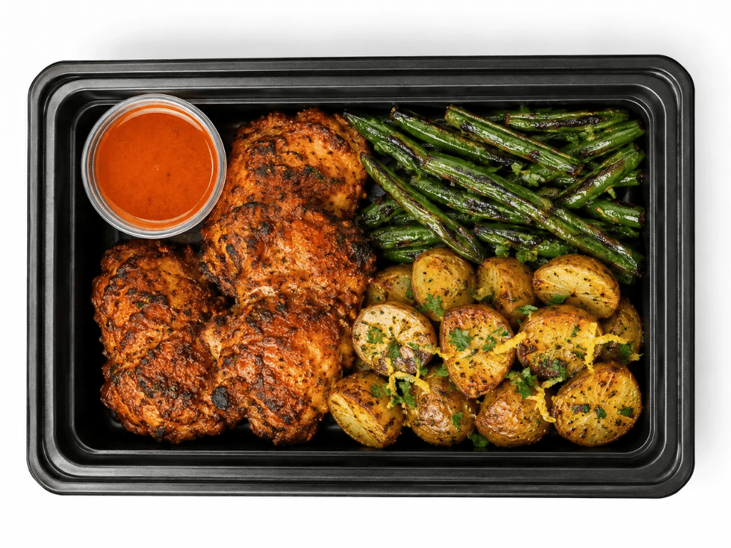 Peri-peri chicken thighs meal prep tray with lemon garlic potatoes, charred green beans and peri-peri sauce