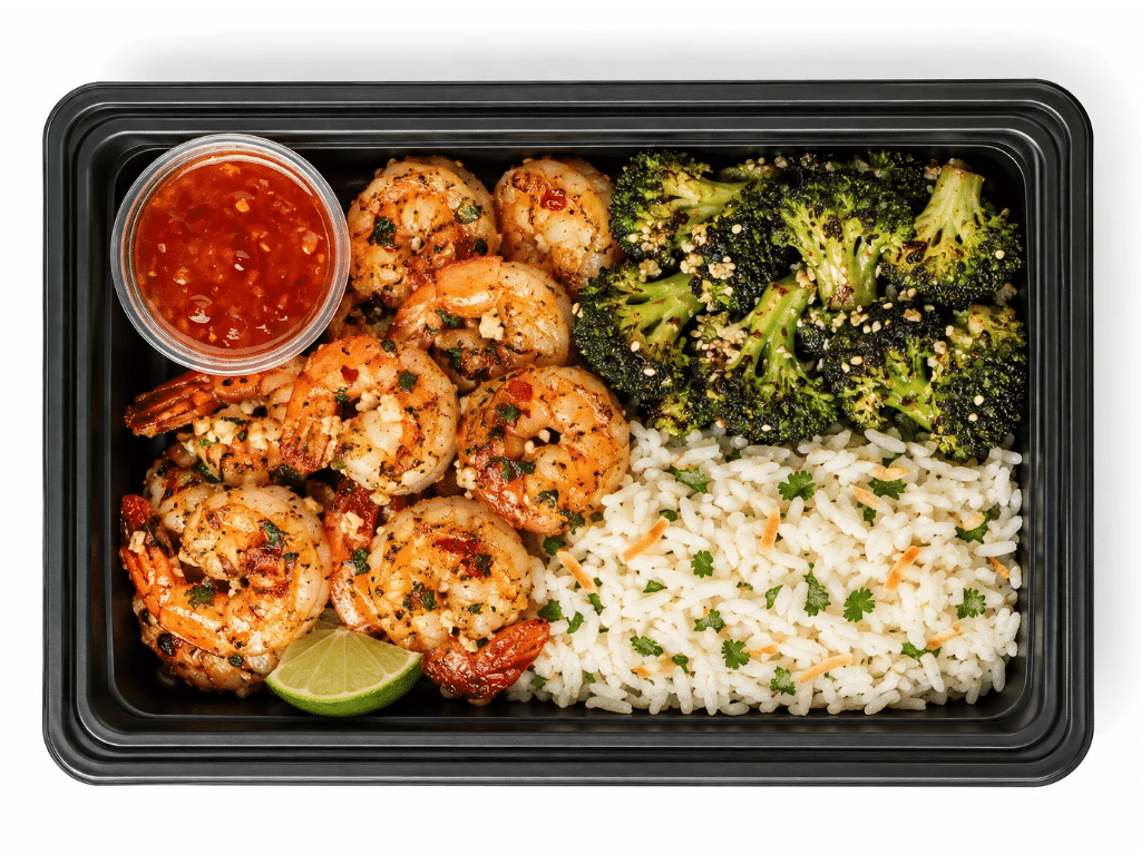 Garlic lime shrimp meal prep tray with coconut jasmine rice, sesame broccoli and sweet chili sauce