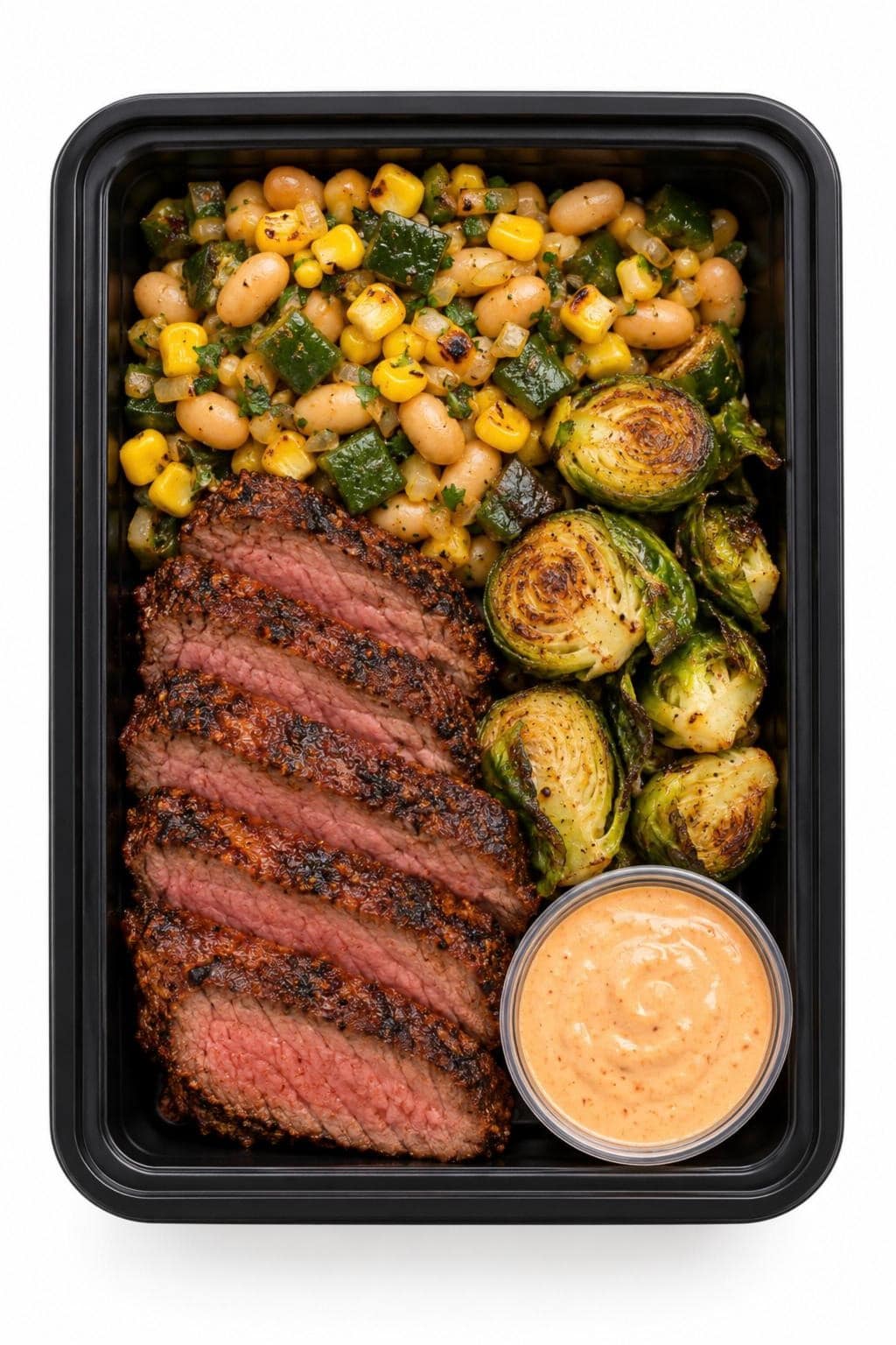 Ancho Steak with Navy Bean & Poblano Succotash meal prep tray - Meals by Chef B
