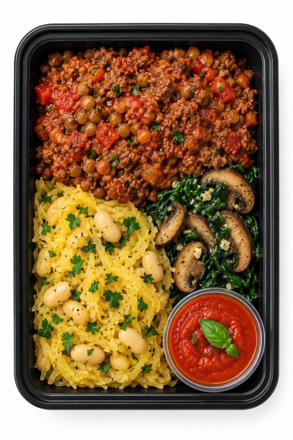 Beef & Lentil Bolognese with Spaghetti Squash meal prep tray - Meals by Chef B