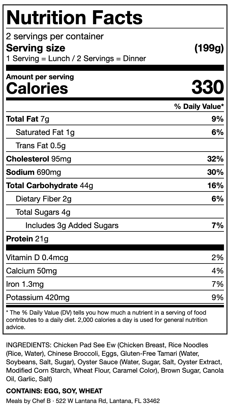 Chicken Pad See Ew Nutrition Label