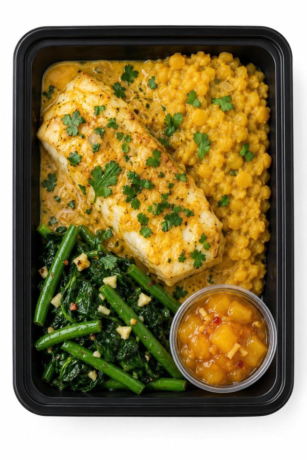 Coconut Curry Cod with Yellow Split Pea Dal meal prep tray - Meals by Chef B