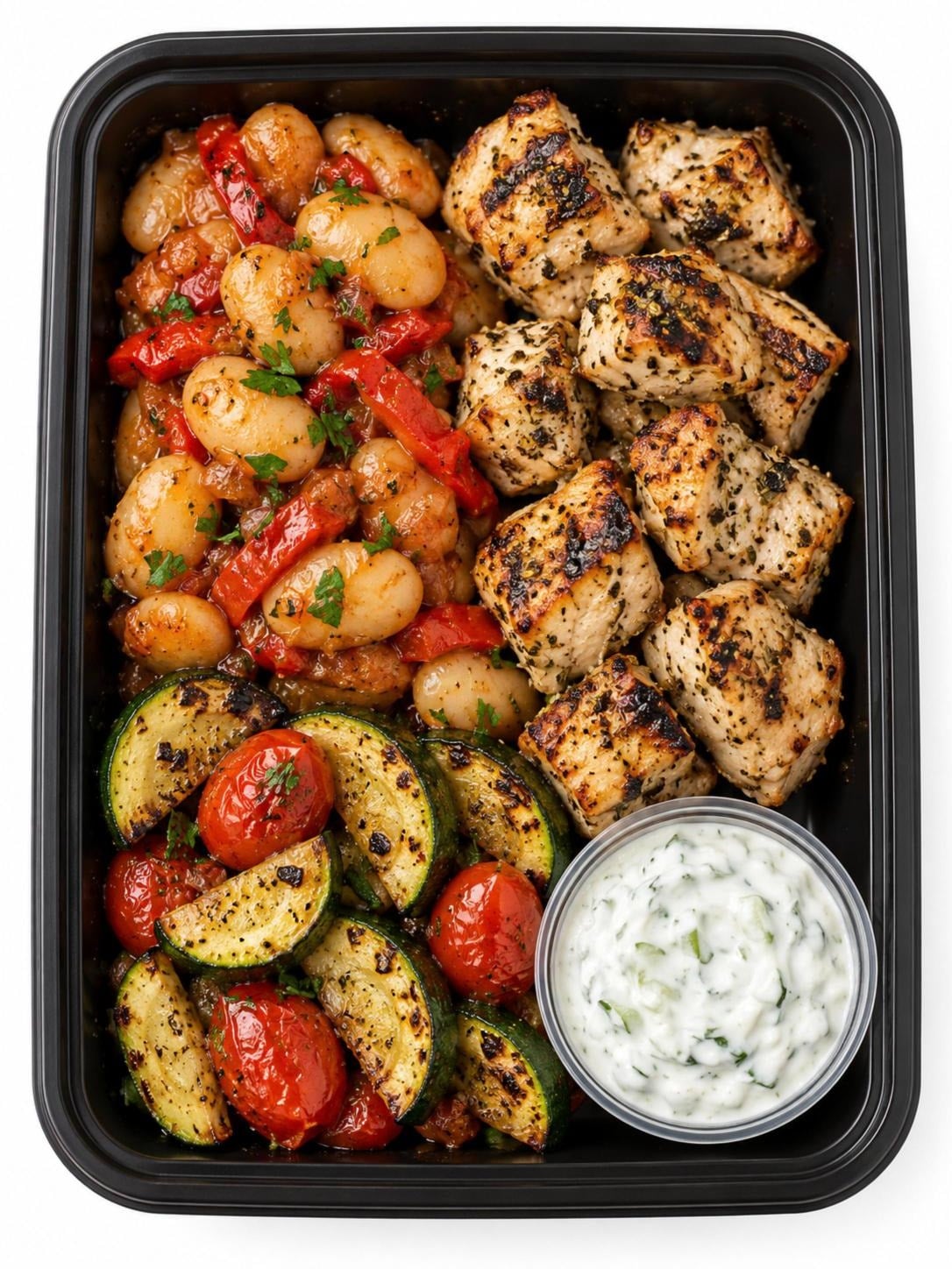 Greek Chicken Souvlaki with Gigante Beans meal prep tray - Meals by Chef B