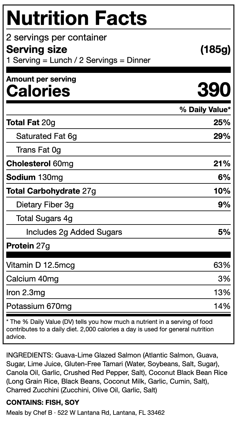 Guava-Lime Glazed Salmon with Coconut Black Bean Rice Nutrition Label