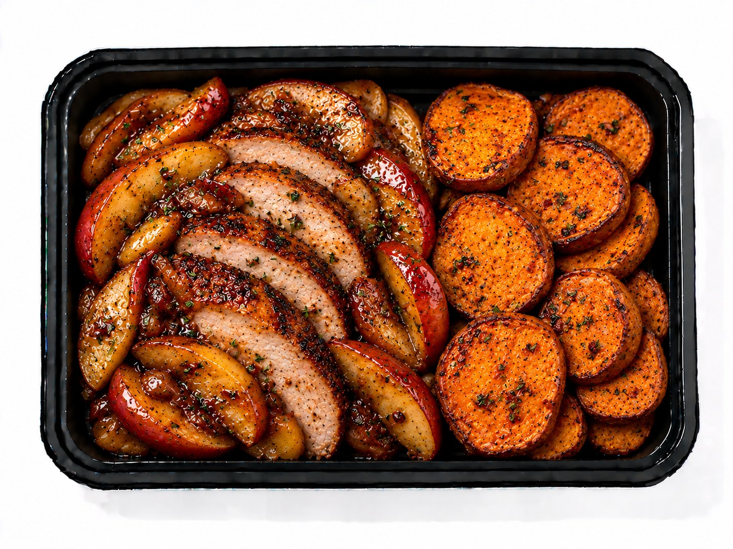 Hickory Pork Loin w/ Balsamic Apples & Spiced Sweet Potato Rounds