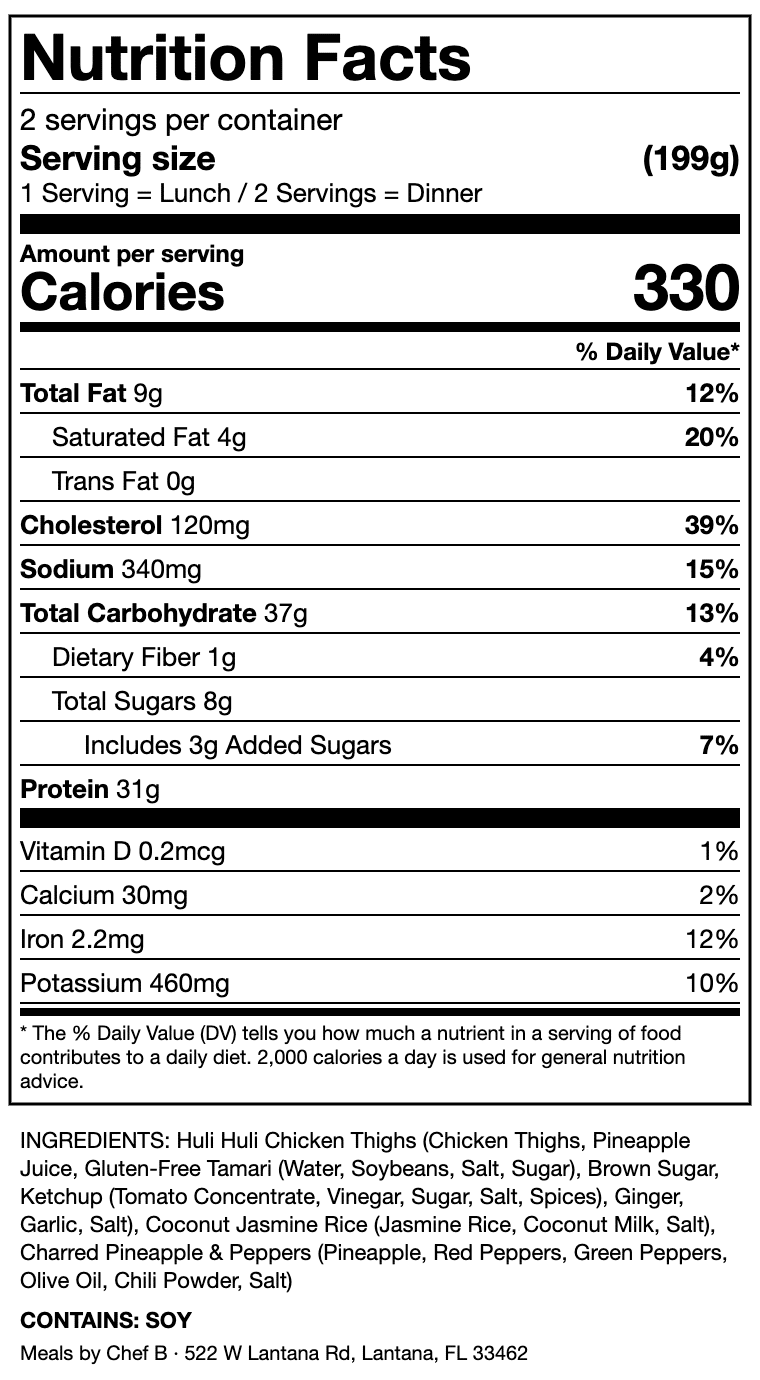 Huli Huli Chicken with Coconut Rice Nutrition Label