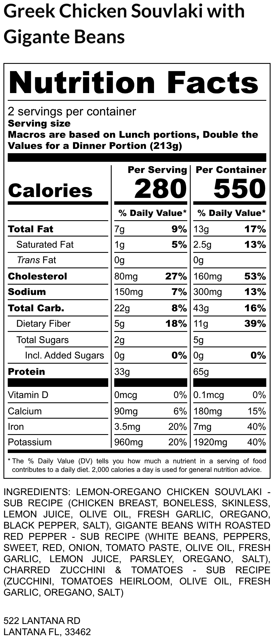 Greek Chicken Souvlaki with Gigante Beans nutrition label