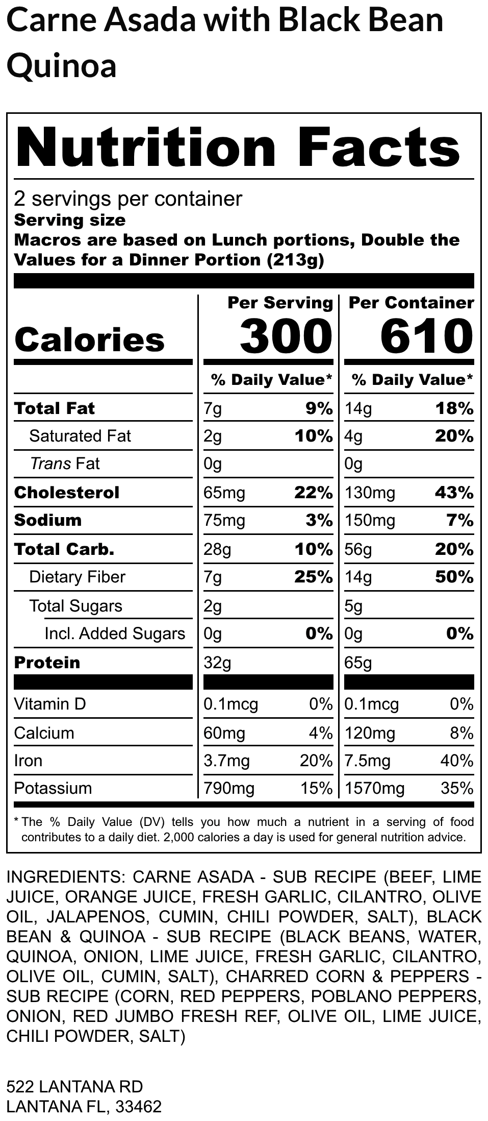 Carne Asada with Black Bean Quinoa nutrition label