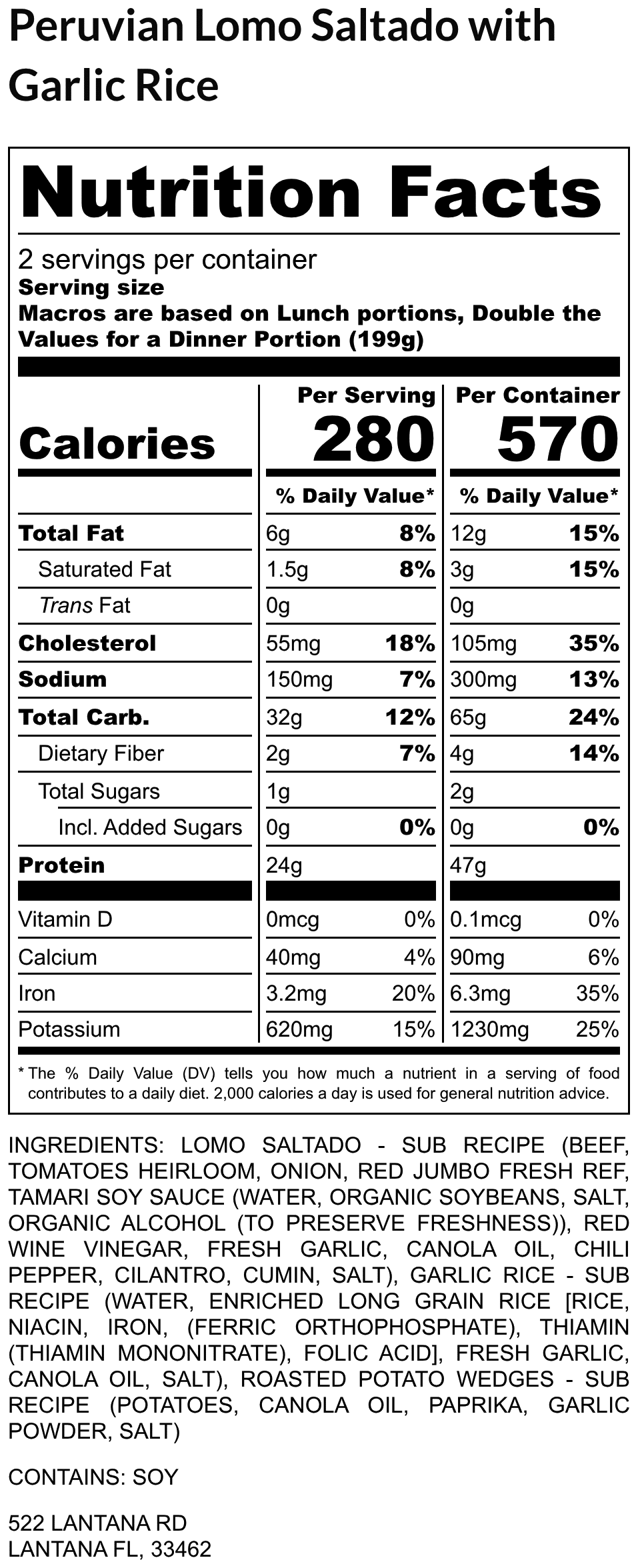 Peruvian Lomo Saltado with Garlic Rice nutrition label
