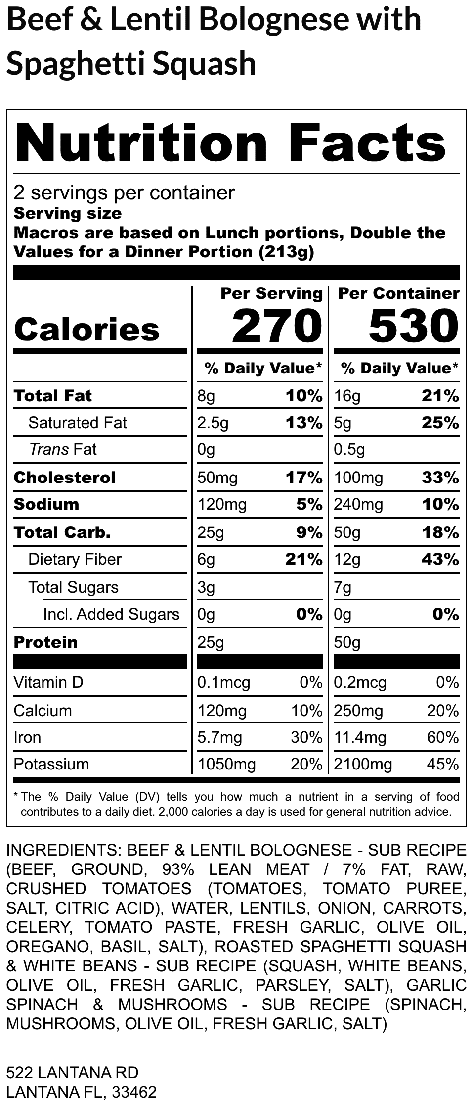 Beef & Lentil Bolognese with Spaghetti Squash nutrition label