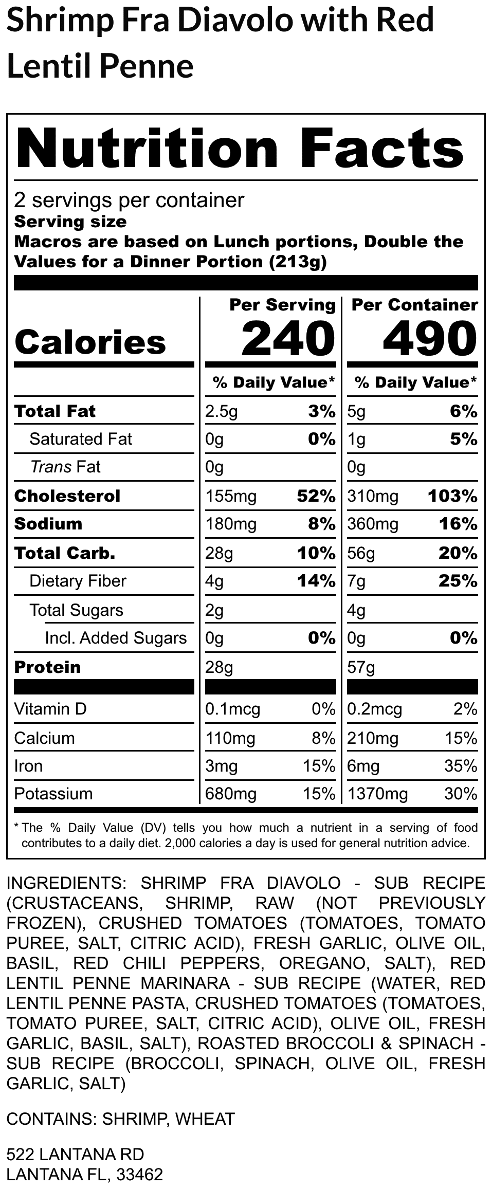Shrimp Fra Diavolo with Red Lentil Penne nutrition label