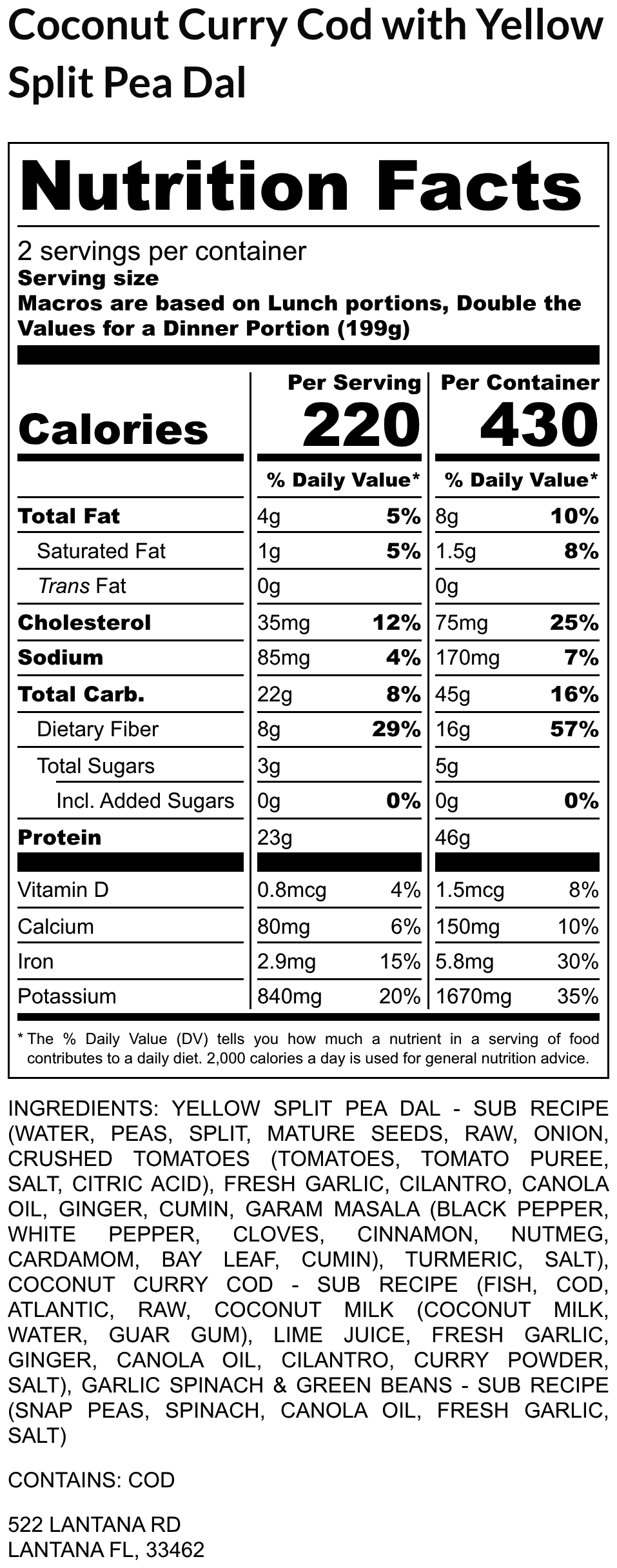 Coconut Curry Cod with Yellow Split Pea Dal nutrition label