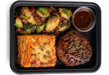 Maple-Bourbon Filet with Sweet Potato Gratin & Bacon Brussels Maple-Bourbon Filet with Sweet Potato Gratin & Bacon Brussels