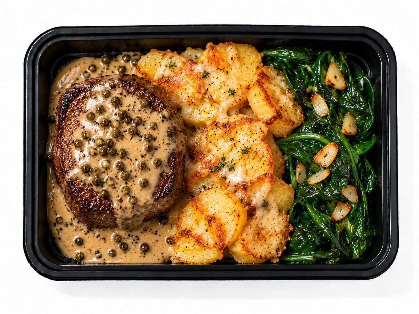 Peppercorn Filet w/ White Cheddar Potatoes & Garlic Spinach