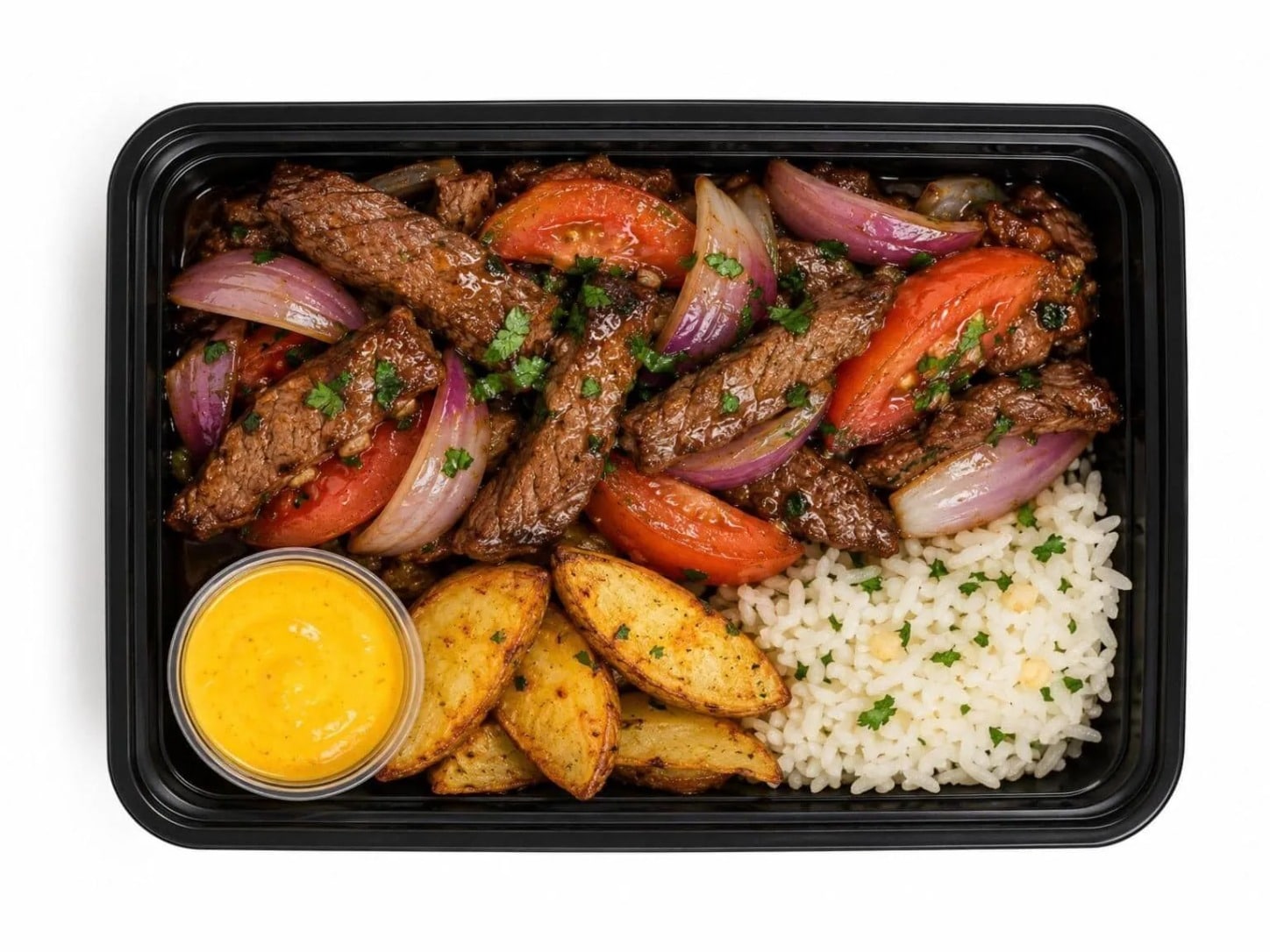 Peruvian Lomo Saltado with Garlic Rice meal prep tray - Meals by Chef B