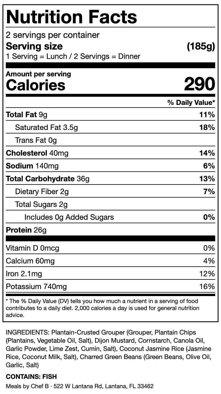Plantain-Crusted Grouper with Passion Fruit Beurre Blanc Nutrition Label