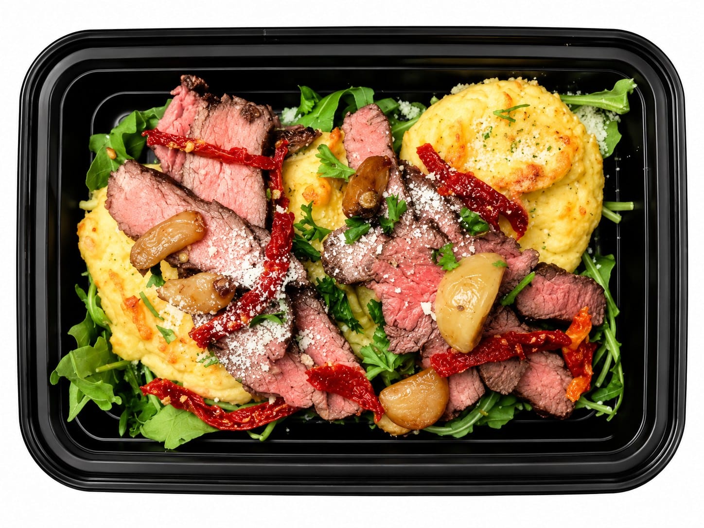 Roasted Garlic Flank Steak & Parmesan Potato Puffs