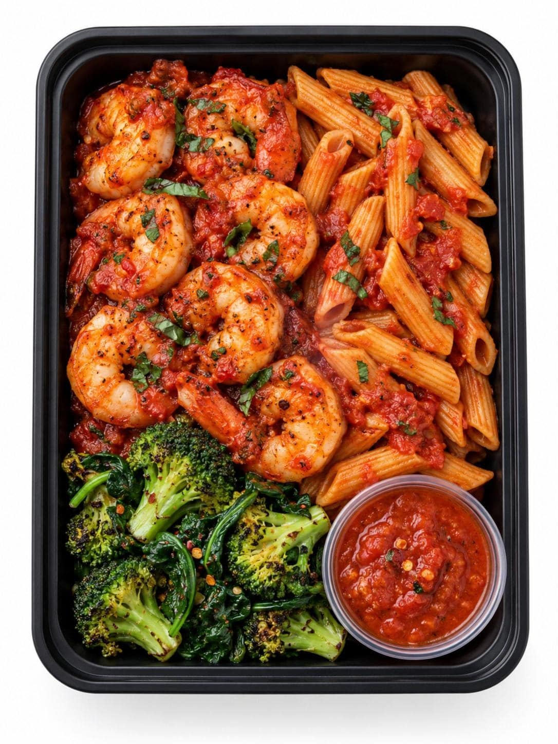 Shrimp Fra Diavolo with Red Lentil Penne meal prep tray - Meals by Chef B