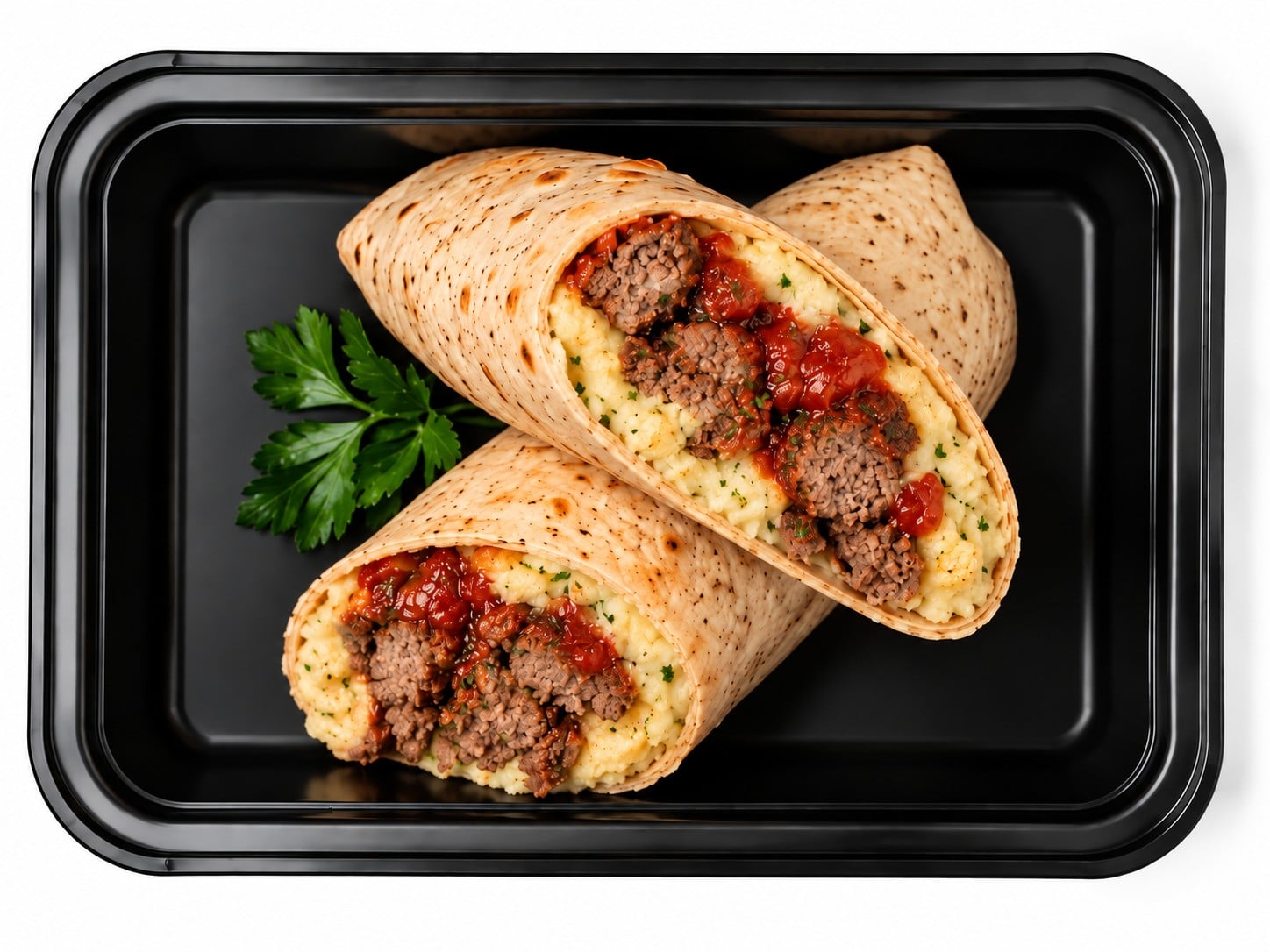 Skinny Meatloaf & Cauli Goat Cheese Wrap in a black meal prep container